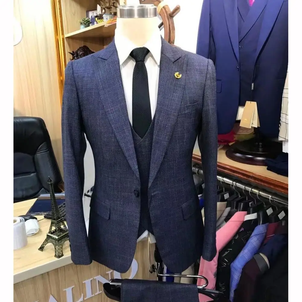 

Navy Blue Prom Wedding Men Suit 3 Piece Tuxedo Jacket Formal Groom Best Man Suit Set Stage Singer Jacket Dress Blazer Vest Pants