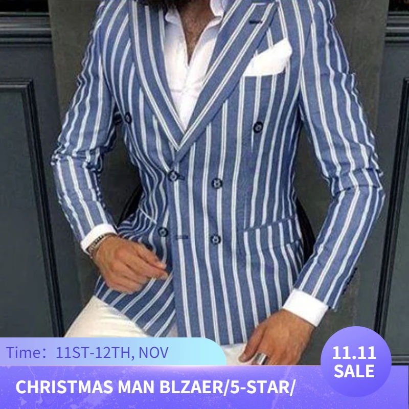 

Slim Fit Suit Jacket Fashion Casual Men Groom Singer Costume Formal Business Casual Suit Coat Stripes Button Fall Men's Blazer