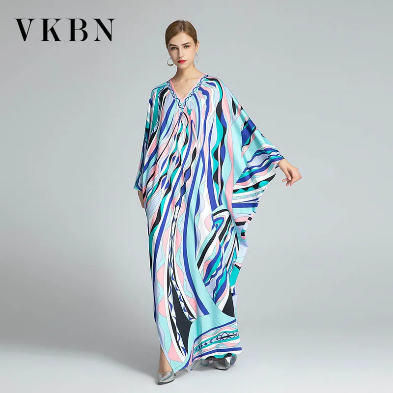VKBN 2021 Spring Autumn New Silk Women Dress Up V-NeckCasual Plus Size Female Dress New Loose Party Dresses Women