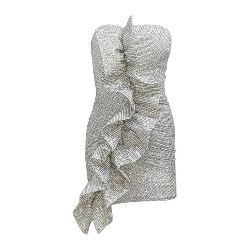 

Yesexy 2021 Sexy Strapless Women Sequin Mini Dresses Elegant Sleeveless Bodycon Dress Ruffles Club Party Dresses Vestidos MQ351