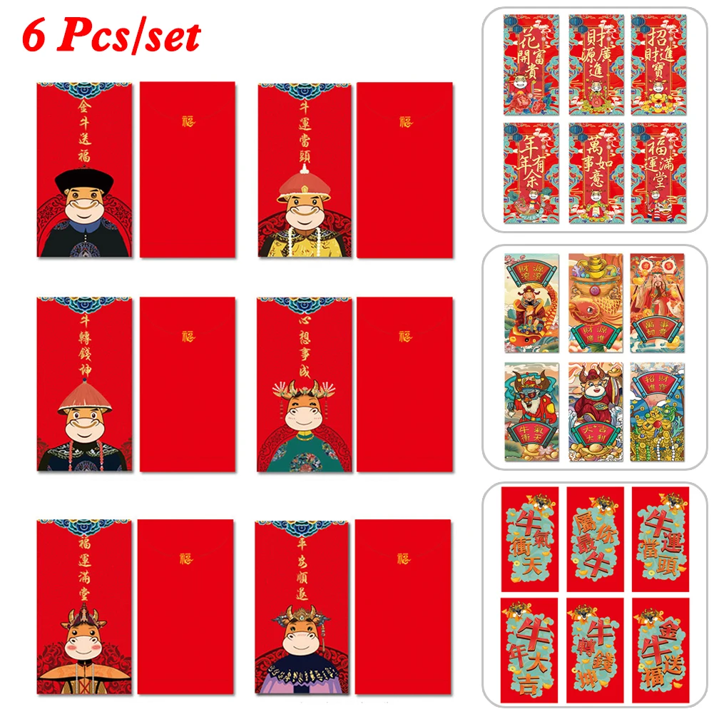 

6Pcs Red Envelopes 2021 Chinese New Year Hongbao Year of the Ox Lucky Pockets for Spring Festival, Birthday Wedding