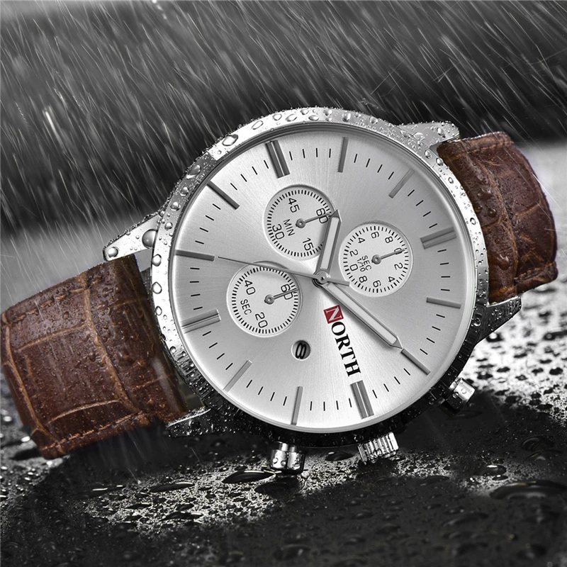 Часы NORTH мужские с кожаным ремешком Роскошные Аналоговые кварцевые модные