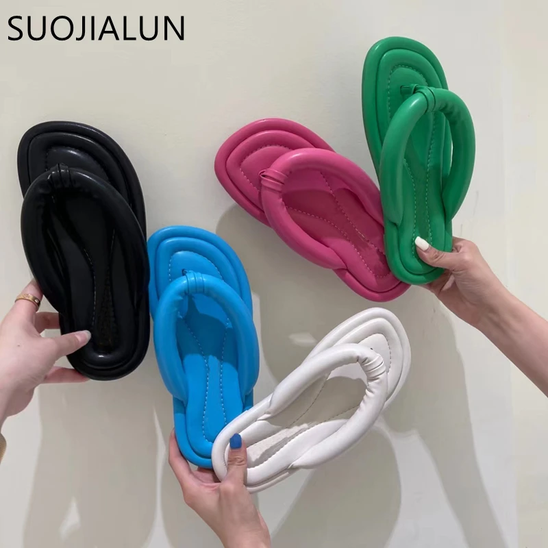 

SUOJIALUN 2021 New Summer Women Slippers Fashion Rose Red Sandal Flat Heel Outdoor Casual Ladies Slides Shoes Female Flip Flops