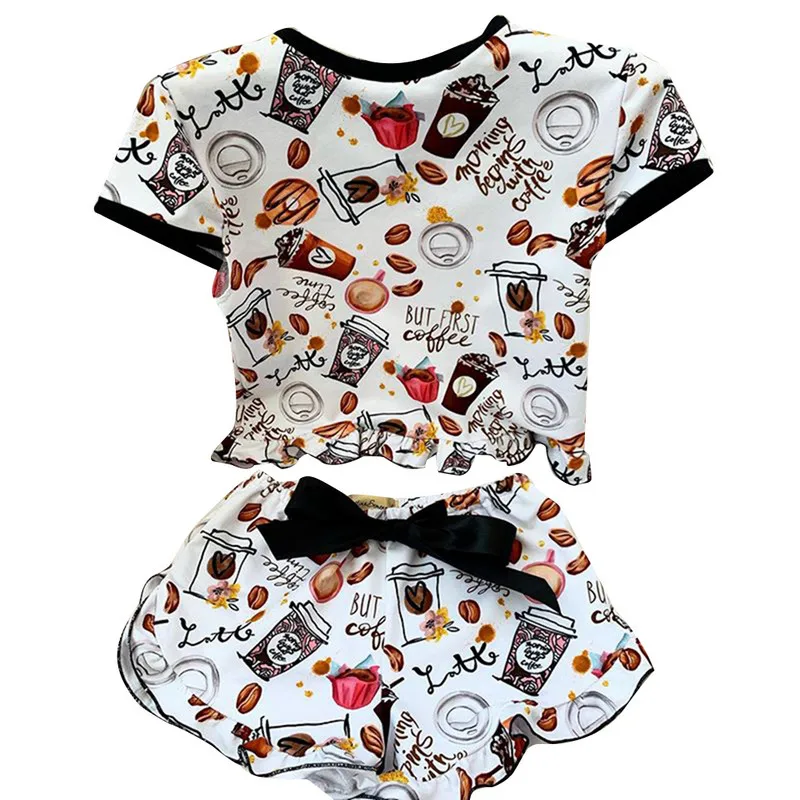 

2020 Hot Summer Candy Pattern Women Lounge Sleepwear Suits Elastic Waist Crop Tops Short Sets Trend Women Sleepwear Leisure Wear