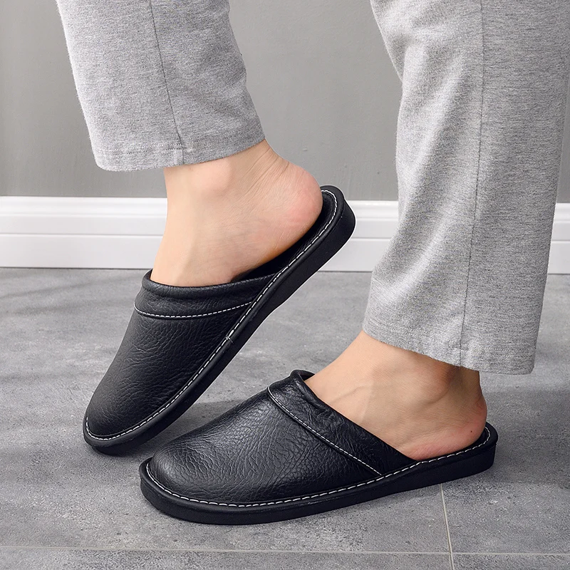 Men's Odor-resistant Leather Slippers for Home Non-slip Couple Slides Unisex Size 35-48 Leather Slippers Men Shoe Black Brown