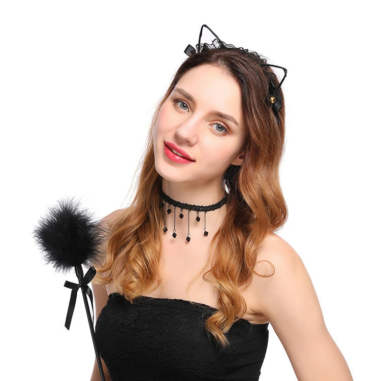 Ободок для волос женский кружевной с колокольчиком и кошачьими ушками| |