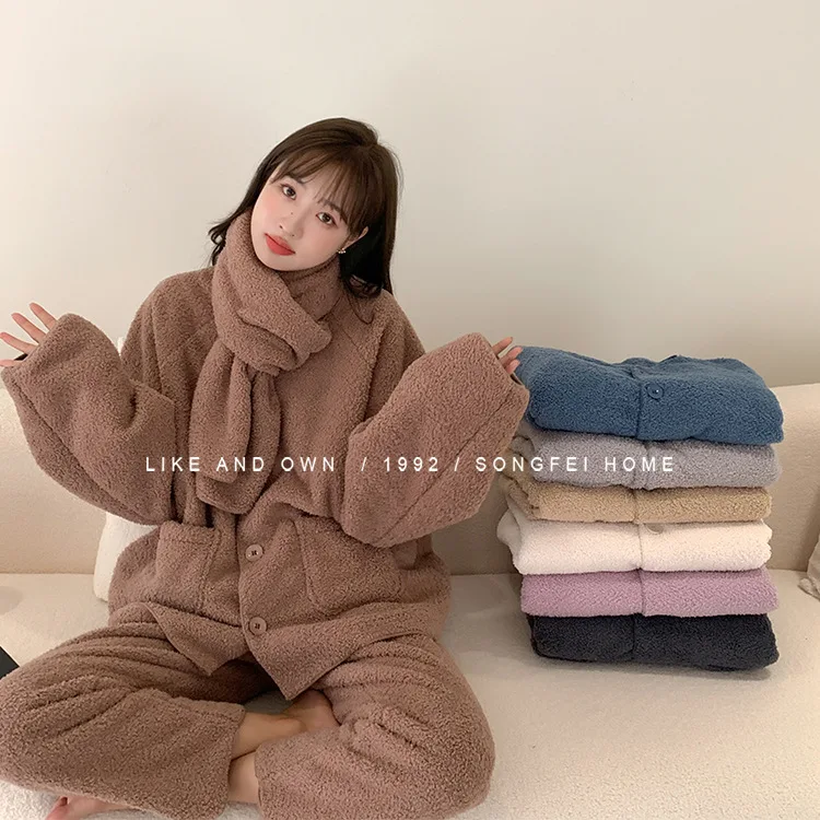 3 Piece Pajama Set Women Japanese Plush Pajamas Home Clothes for Women Winter Sleeping Wear Set for Women Thick Pajamas