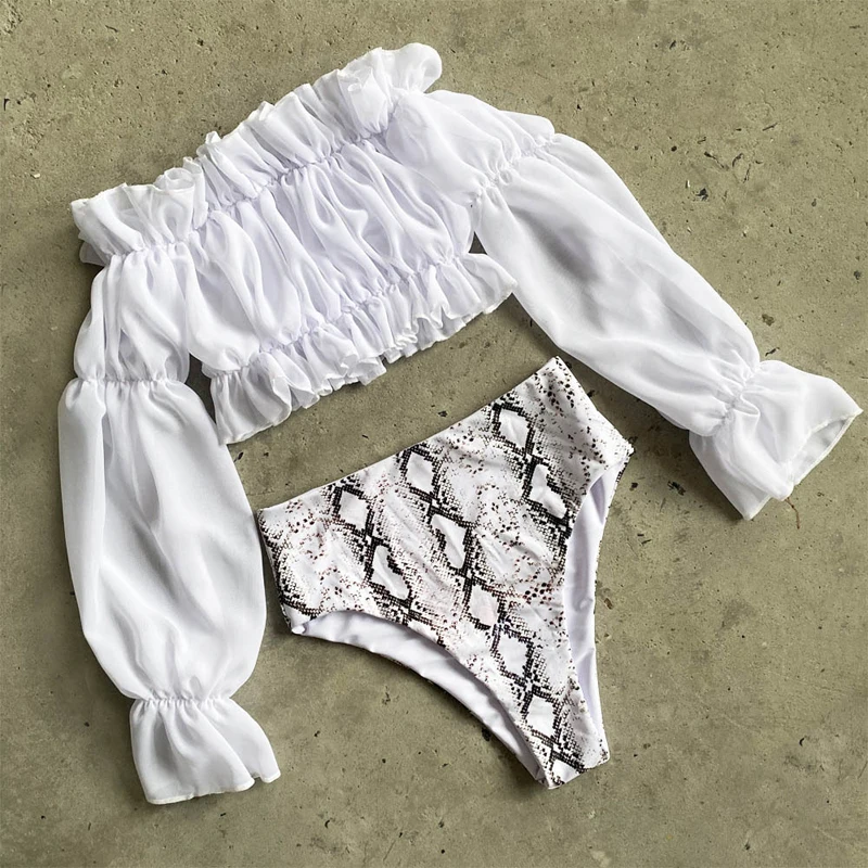 Sexy Green bikini set Swimwear Women Mesh long sleeve swimsuit female High waist bikini Snake printed Bathing suit Mujer
