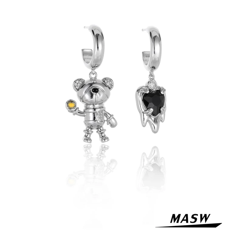 

MASW Women Jewelry Asymmetrical Drop Earrings Hip Hop Geometric Black Heart Bear Metal Dangle Earrings For PartY