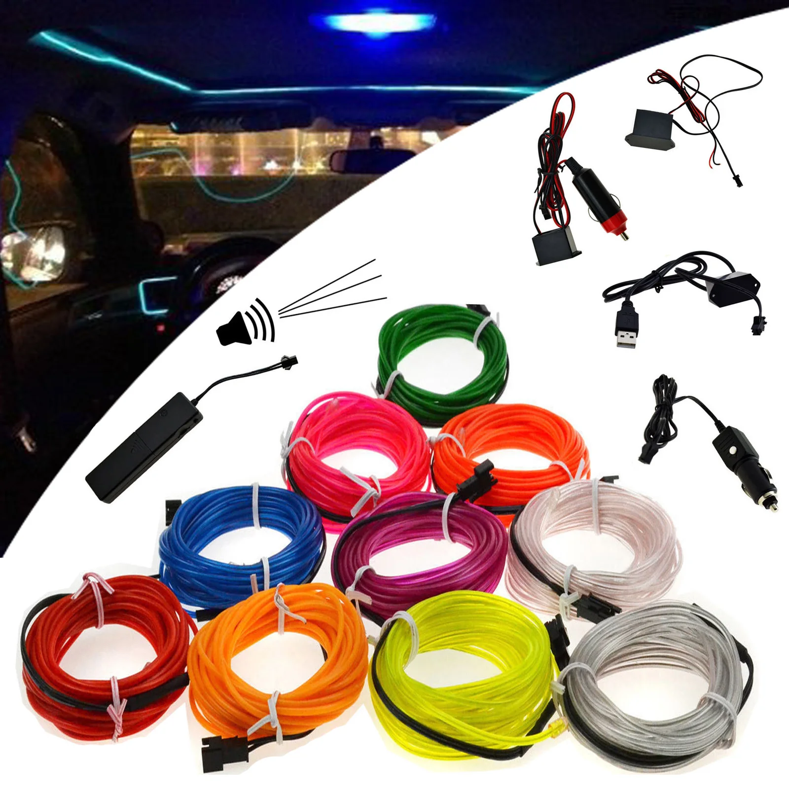 

DIY EL Wire 1M Glow String Strips Neon LED Light with Controller Inverter 3V/12V/Sound Activated/USB/Car Cigarette Fairy lights