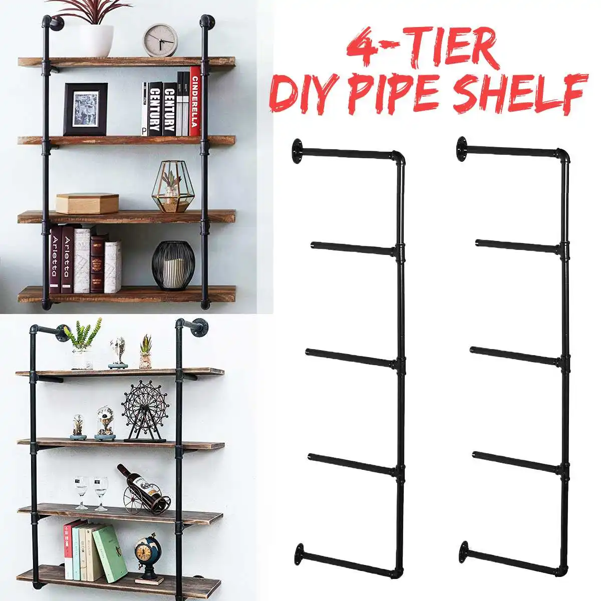 

2PCS Black 4 Tier Shelf Industrial Furniture Wall Shelf Bracket Hanging Storage Shelves Iron Pipe Black DIY Pipe Shelves