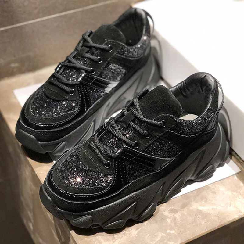Womens Sneakers Black Glitter Trainers Platform Baskets Wedges Chunky Dad Bling Vulcanize Shoes Woman chaussures femme | Обувь