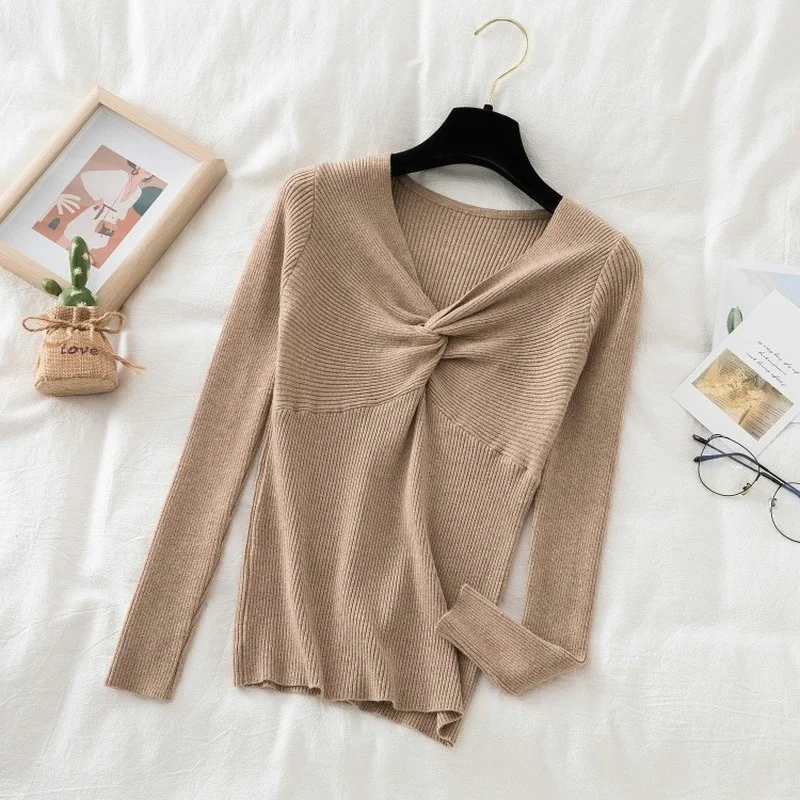 

Autumn Winter Slim Knit Sweater Women V-neck Solid Long Sleeve Pullover Sweater Tops Sexy Knitwear Basic Jumper Women New 17693