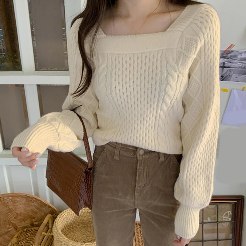 RealShe топы свитера для женщин квадратный воротник длинный рукав однотонный