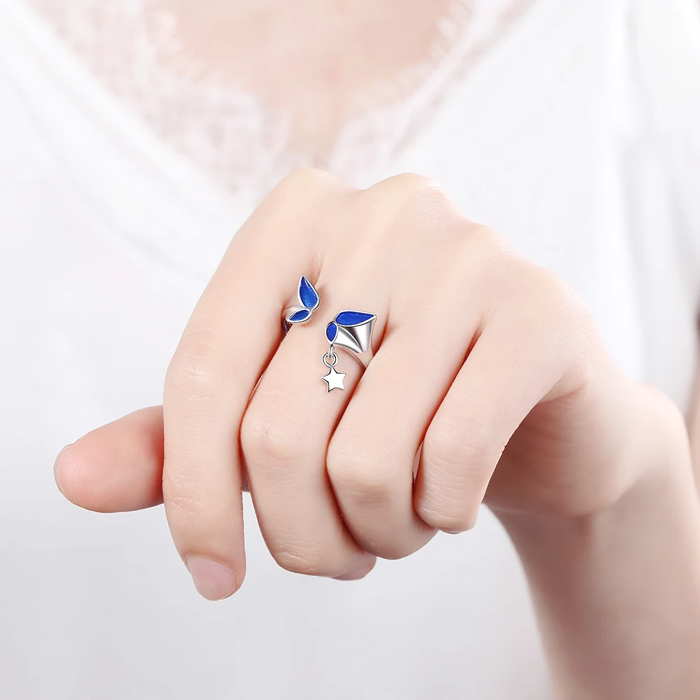Женское кольцо из серебра 925 пробы с синей бабочкой и звездой | Украшения