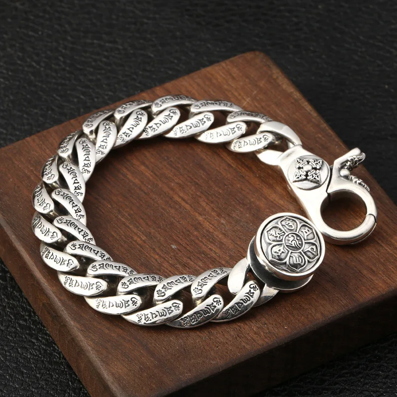 Тяжелый 925 Серебряный вращающийся OM браслеты для мужчин ретро