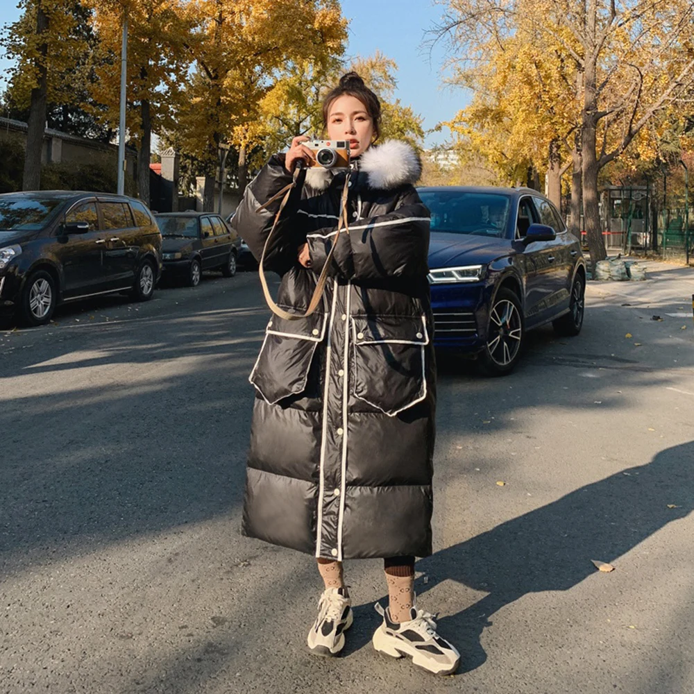 

2021 Super Long Hooded Women's Winter Padded Coat Hooded with Fur Collar Fashio Loose Over the knee Thick Korean Jacket parkas