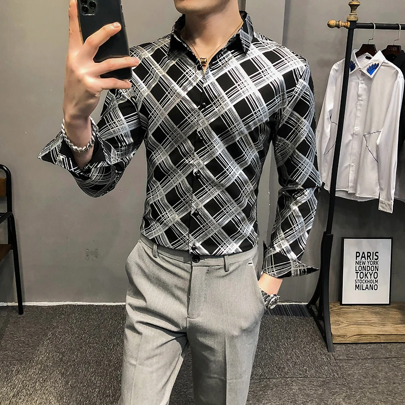 

Loldeal Men British Long Sleeve Shirt Slim Check Casual Polyester Fiber