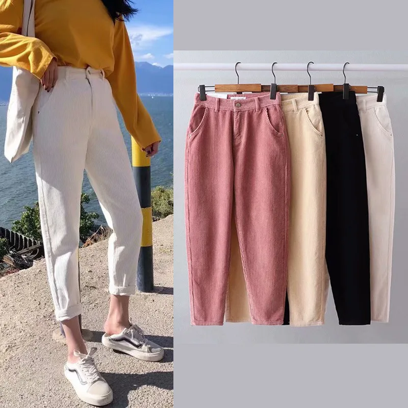 

Women's Vintage Pink Corduroy harem pants female autumn high waist was thin feet pants Corduroy casual pants trousers women