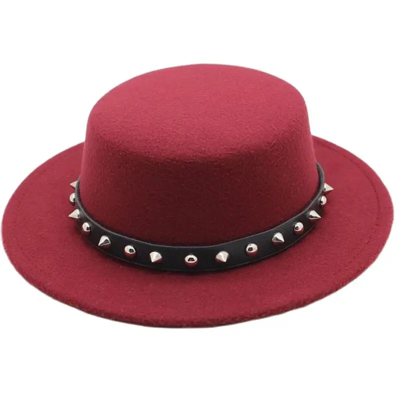 

Brand New Wool Boater Flat Top Hat For Women's With Punk Rivet Fedora Hat Laday Prok Pie Chapeu de Feltro Bowler Gambler Top Hat