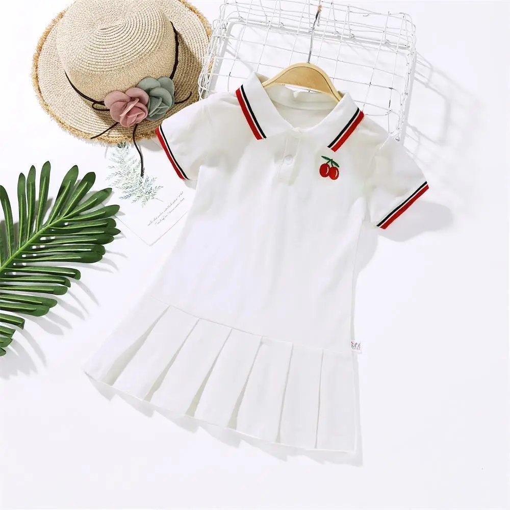 

Girls Summer Dress Tennis Lapel Cherry Embroidery Child Wearing Kids Pleated Short-Sleeve Shirt Toddler Clothes