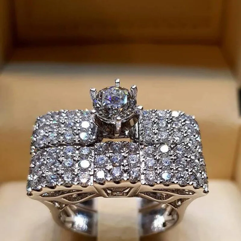 

Luxury Female Crystal White Zircon Stone Ring Set Luxury 925 Silver Engagement Ring Vintage Bridal Wedding Rings For Women