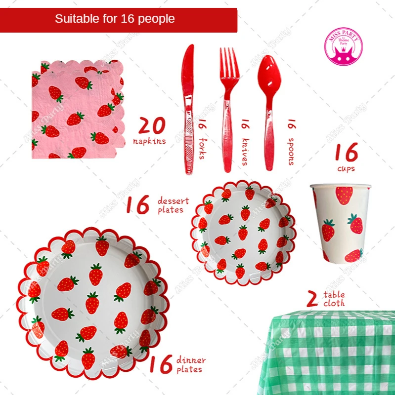

Strawberry Pattern Disposable Paper Pallet Tableware Set Party Picnic Camping Birthday Wedding Buffet Christmas Thanksgiving Day