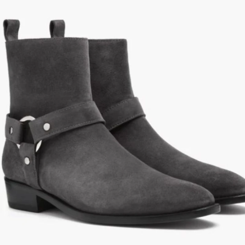 

Men Winter New Faux Suede Goodyear Boots Thick Heel Pointed Side Zipper Cowboy Boots British Style Business Dress Boots 5KE467