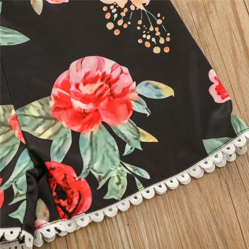 

Girls Summer Casual Sleeveless Jumpsuit Fresh Flower Oblique Shoulder Lace Trim 1-piece Short Pants
