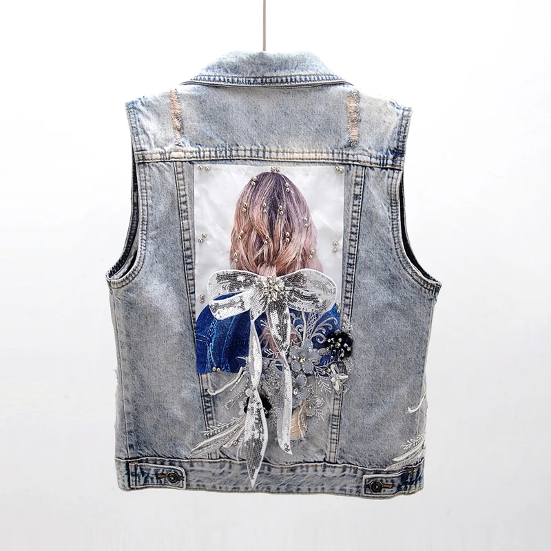 Винтажный синий джинсовый жилет для женщин куртка без рукавов пальто расшитое