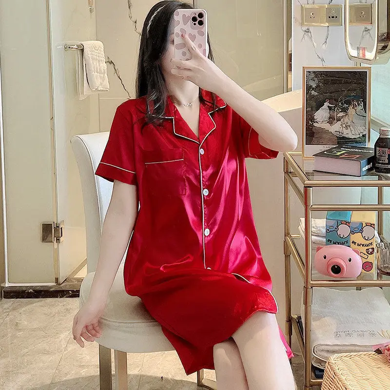 Women's Silk Satin Nightgowns Button Down Sleepshirt Short Sleeved Nightshirt Boyfriend Notch Collar Sleepwear Sleep Shirt M-2XL