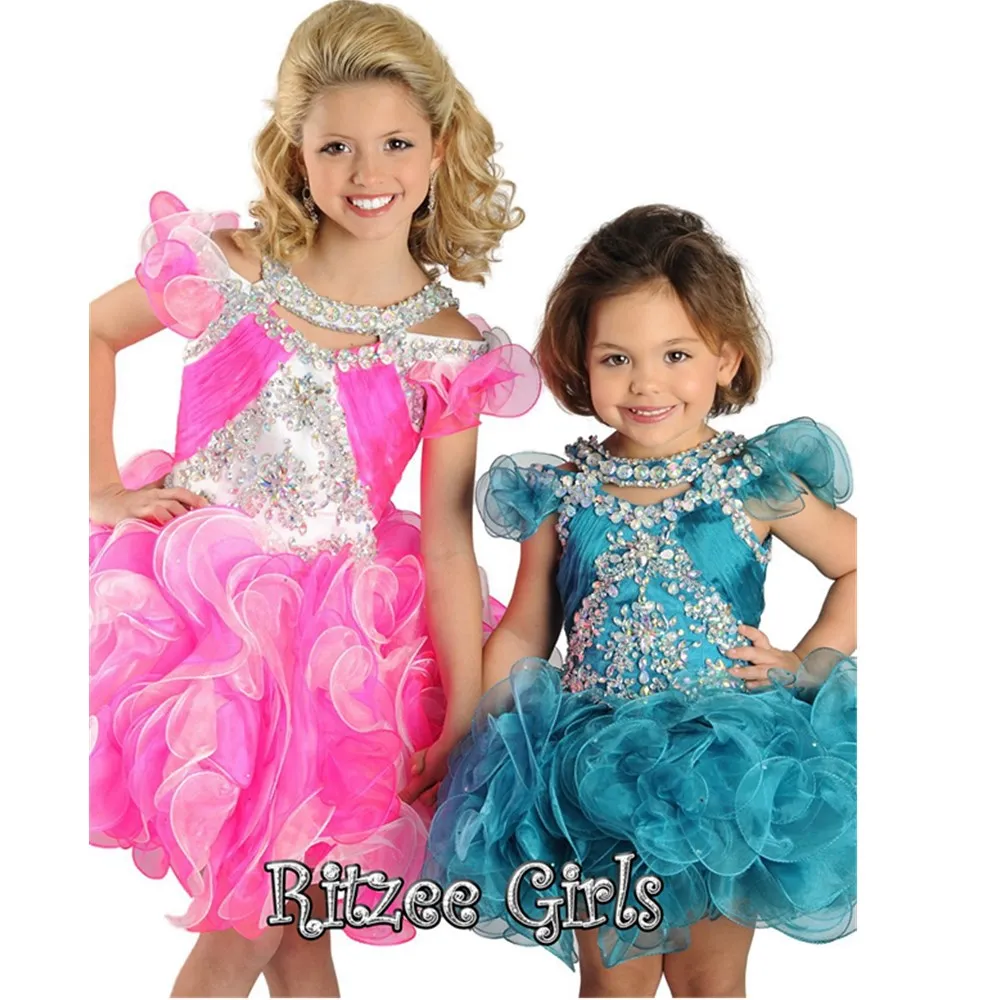 

Exquisite Little Rosie Pageant Dresses Crew Beads Organza Short Ball Gown Girl's Pageant Dresses Ribbon Ruffles