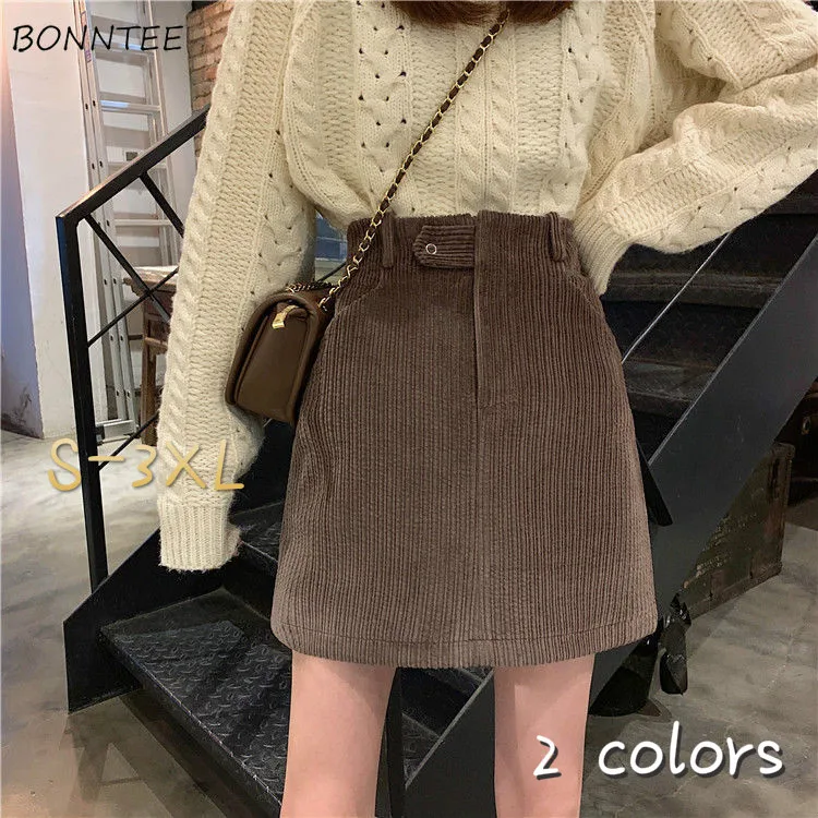 

Skirts Women High Waist Mini Female Corduroy Retro A-line Elegant Slim Solid Korean Style Soft Pockets Vintage All-match Autumn