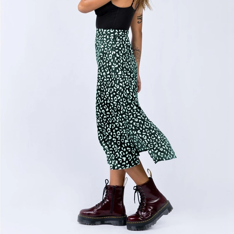 

2021 spring and summer clothing sexy leopard print high waist split skirt fashion dress women's zipper long skirt A-line skirt