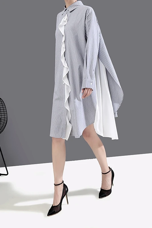 

2020 Autumn Fake Two-Piece Full Blouse Mid-Length Slim Loose Striped Panel Chiffon Dresses Women