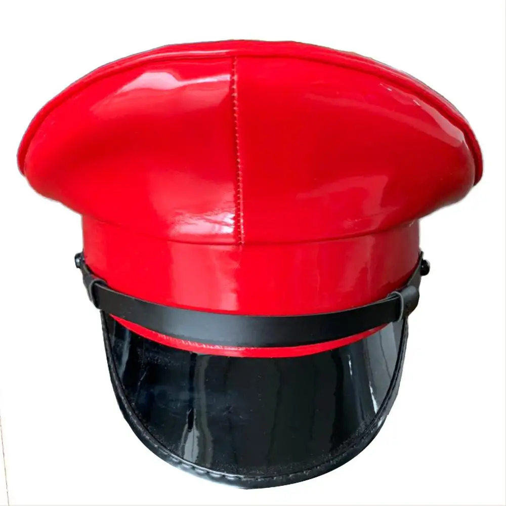 

Hot Sale Red PU Leather Military Hat Cap Punk Rock Captain Cap Performance Stage Show Night Bar Cap