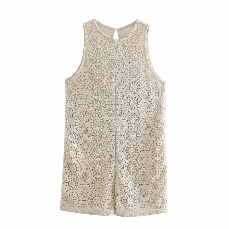 

KRSB 2021 Summer Women's Off-White Hollow Two-layer Round Neck One-piece Shorts Loose Back Chic Design Retro British Style