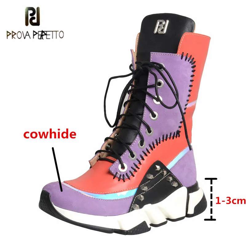 

Prova Perfetto Leisure Mixed Colors Women's Mid-calf Boots Genuine Leather Street Style Round Toe Cross-tied Women Casual Shoes