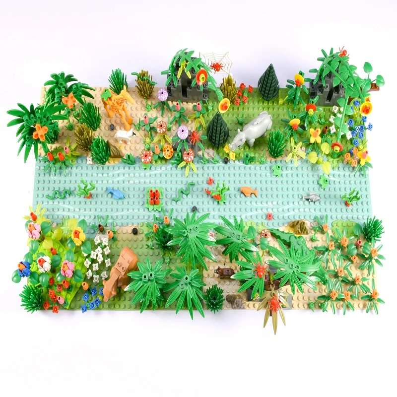 

Deep Forest View Animal Green Grass Jungle Bush Tree Plants Building Blocks DIY Assemble Compatible Baseplate Toys for Children
