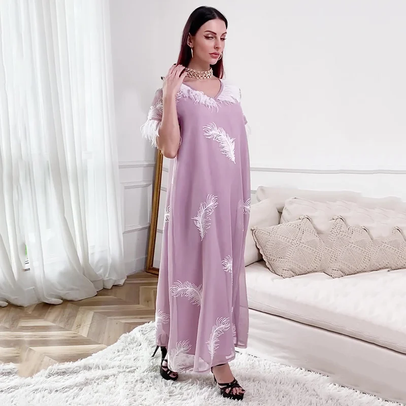 Abaya Woman Muslim Dress 2022 Feathers Embroidery Turkish Dubai Habaya Gulf Caftan Marocain Moroccan Takchita Jabador Pakistani