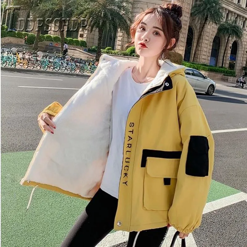 

2019 Hong Kong Style Cargo Women Parkas Lining With Imitation Lambswool Female Coat Jacket
