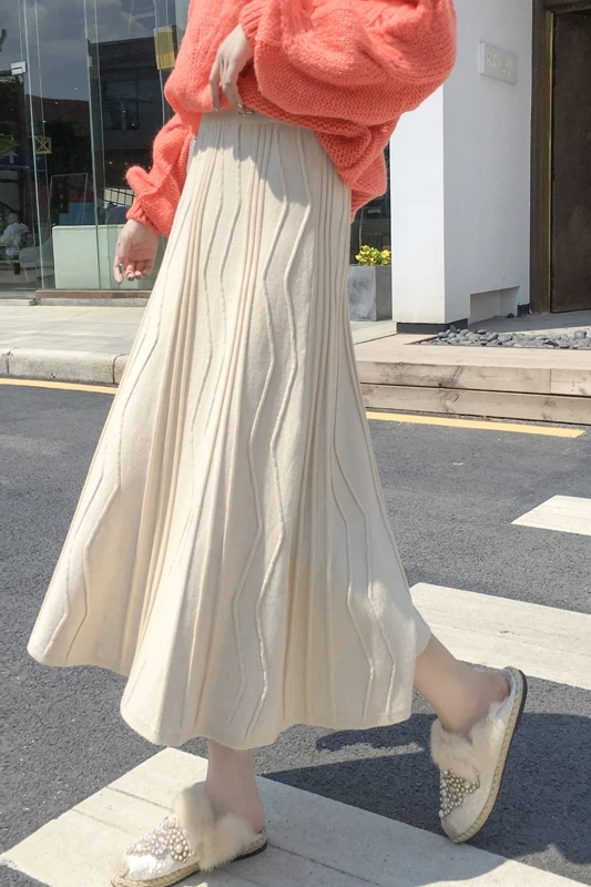 

BornSra 2020 Autumn and Winter Knitted A- Line Skirts Women's High Waist Mid-Length Skirt Slim Long Skirt All-match Skirt