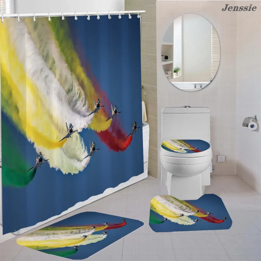 

Airplane Pulls Smoke Print Colorful Waterproof Shower Curtain Airplane Floor Mat Toilet Lid Cover Bathroom Accessories For Home