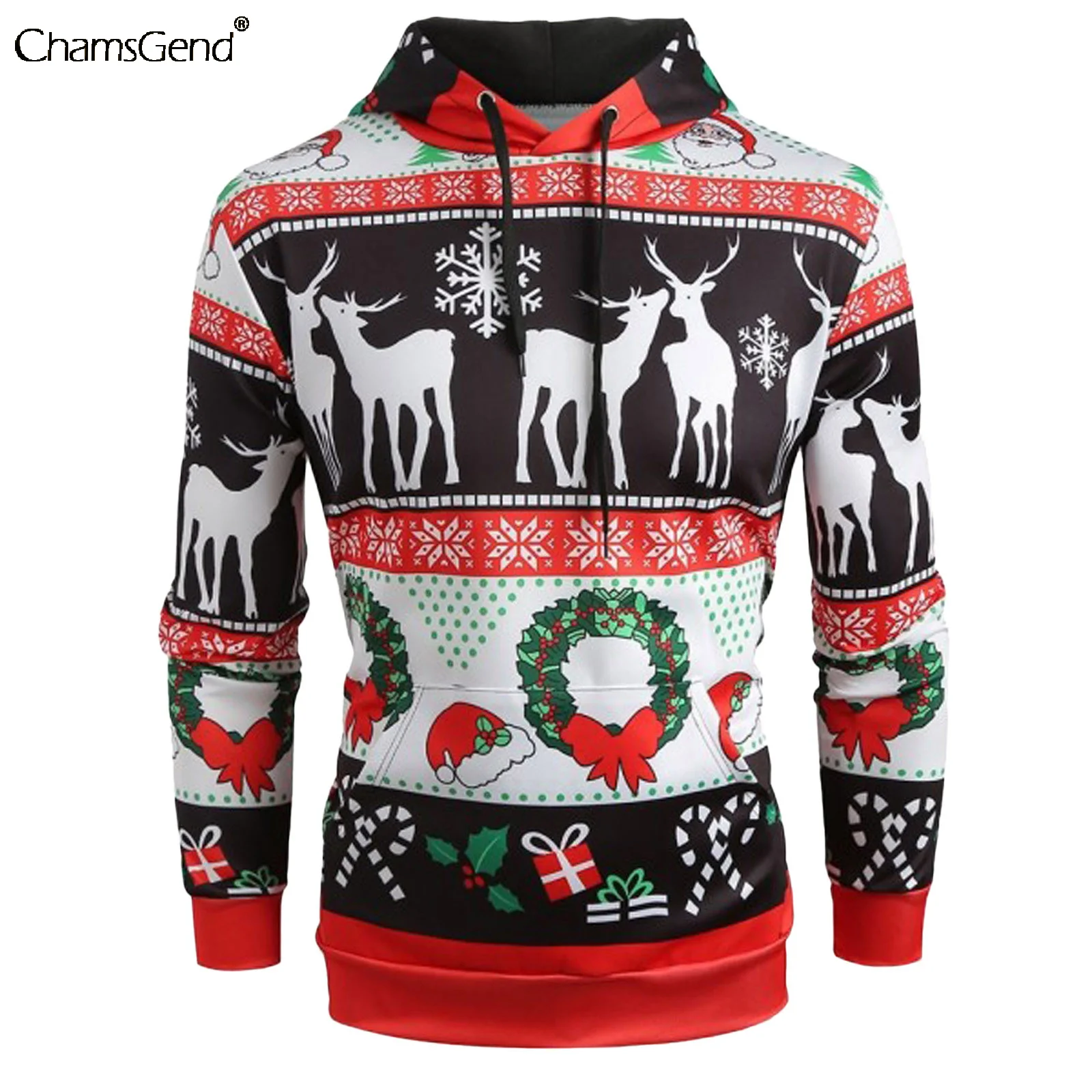 

Sweatshirt Men's Christmas Hoodies Moose Wreath Printed Slim Fit Man Autumn Winter Pullover Tops Hoody Outwear