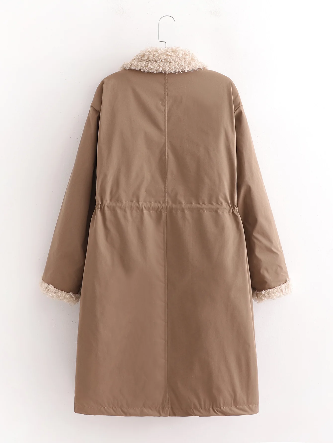 

High-quality Winter Women's Casual Lapel Collar Drawstring Waist Pocket Plus Velvet Loose Cotton Jacket Warm lambswool Parkas