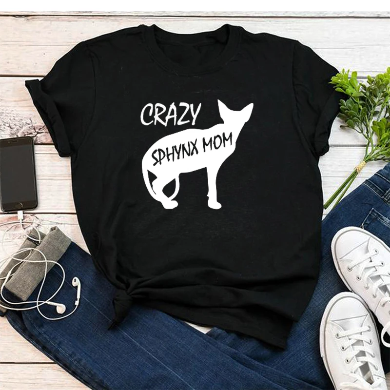 

Женская футболка с коротким рукавом Crazy Sphynx Mom Graphic, хлопковая Футболка с принтом животных, подарок для влюбленных, Прямая поставка