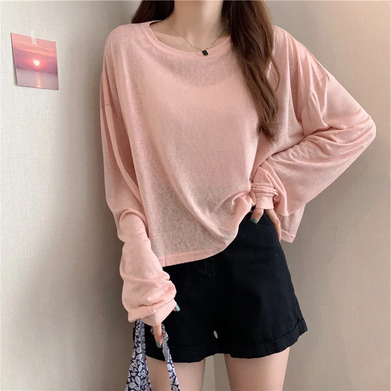

Pink Long Sleeve T-shirt Women's Thin Type Sunscreen Blouse High Waist Short Knitted Top Early Autumn Clothing Women's Kio