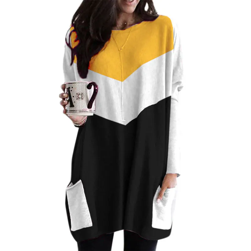 

#w Colour Stitching Tshirts Women Casual Long Sleeve O-neck Tops Large Size Pockets Long Length Ladies Clothing Tops#ee
