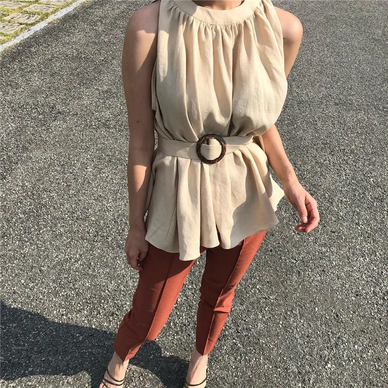 

solid white autumn crop top women Round Neck Waist Tie holiday Casual tank top Exposed Back Zipper Ruched cropped