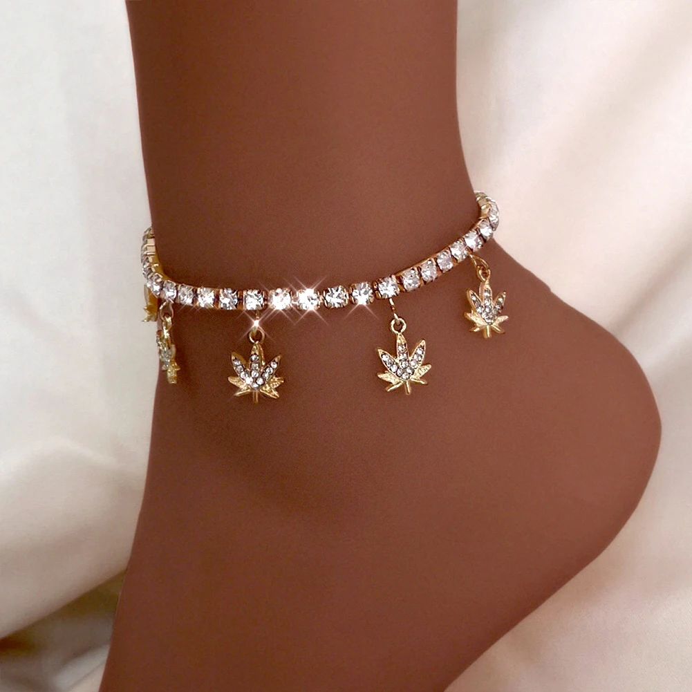 

Flatfoosie 2021 New Maple Leaf Crystal Anklets Bracelet for Women Iced Out Rhinestone Chain Anklet Trendy Beach Barefoot Jewelry